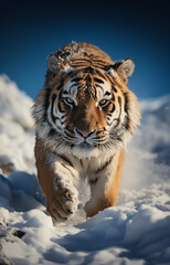 Fototapeta na wymiar Un tigre de Sibérie marchant dans la neige.