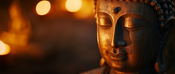Close-up of a Buddha statue's face, bathed in warm golden light, exuding a sense of calm and...