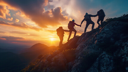 Fototapeta na wymiar Hikers bond as they reach the summit at sunset, AI Generative.