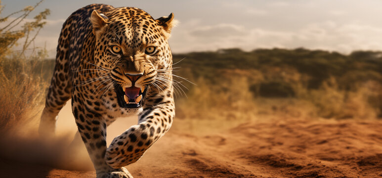 L'attaque d'un léopard courant dans la savane africaine, image avec espace pour texte.