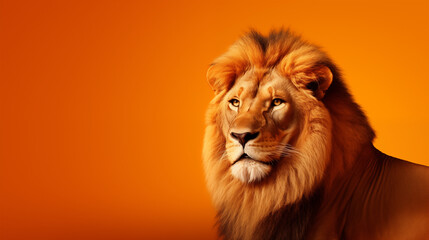 Le portrait d'un lion, sur fond orange, image avec espace pour texte.