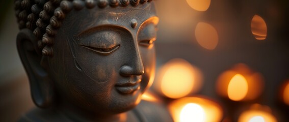 Close-up of a Buddha statue's face, bathed in warm golden light, exuding a sense of calm and spirituality.