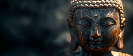 Close-up of a Buddha statue's face, bathed in warm golden light, exuding a sense of calm and spirituality.