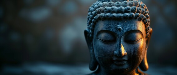 Close-up of a Buddha statue's face, bathed in warm golden light, exuding a sense of calm and...