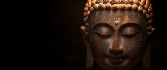 Close-up of a Buddha statue's face, bathed in warm golden light, exuding a sense of calm and spirituality.