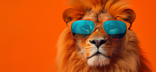 Le portrait humoristique d'un lion avec des lunettes de soleil, sur fond orange, image avec espace pour texte.