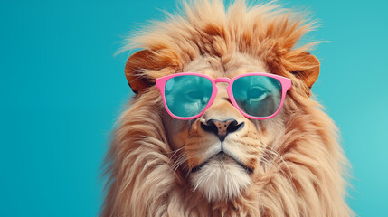 Le portrait humoristique d'un lion avec des lunettes de soleil, sur fond bleu.