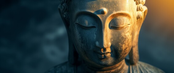 Close-up of a Buddha statue's face, bathed in warm golden light, exuding a sense of calm and spirituality.
