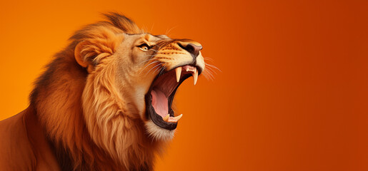Un lion majestueux rugissant, sur fond orange, image avec espace pour texte. - obrazy, fototapety, plakaty