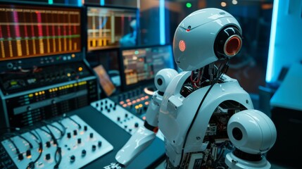 Humanoid AI robot working at the radio station studio, artificial intelligence and entertainment concept
