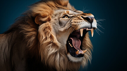 Un lion majestueux rugissant, sur fond coloré.