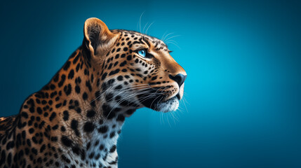 Portrait d'un léopard assis, regardant fièrement, sur fond bleu, image avec espace pour texte.