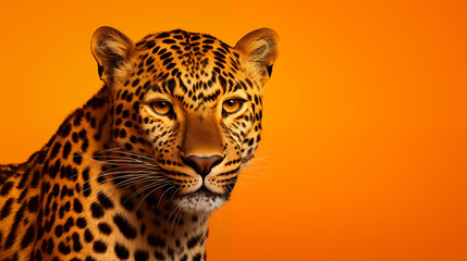 Portrait d'un léopard assis, regardant fièrement, sur fond orange, image avec espace pour texte.