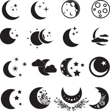 set of black and white moon icons