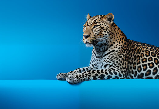 Un léopard couché, sur fond bleu, image avec espace pour texte.