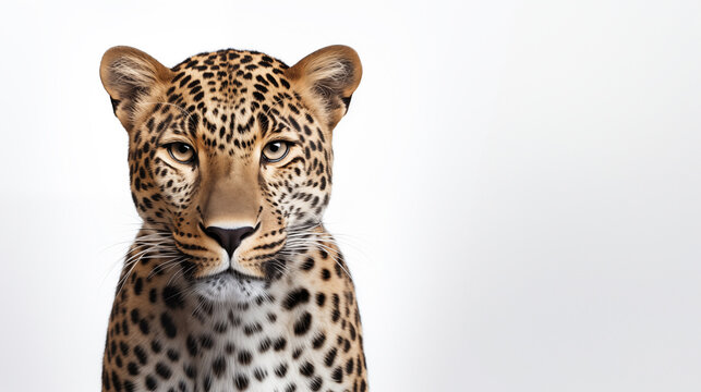 Portrait d'un léopard assis, regardant fièrement, sur fond blanc, image avec espace pour texte.
