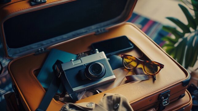 Modern suitcase open with travel essentials spilling out, background image generative AI
