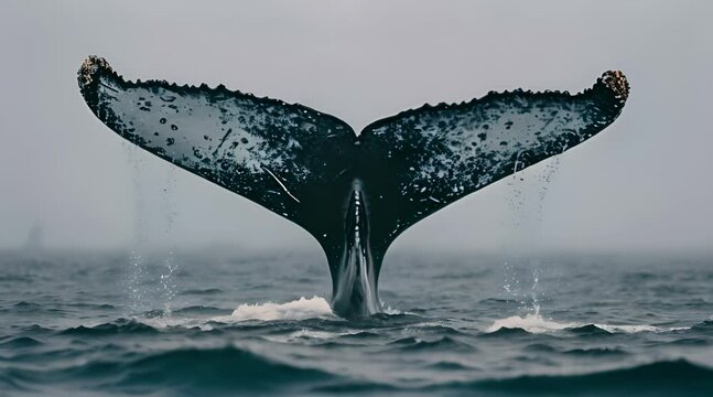 a whale tail flups out of the water