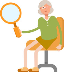 Grandmom Character Sitting and Holding Magnifier
