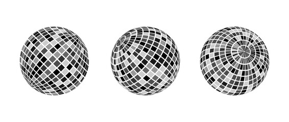 Black and grey disco ball set. Collection of shining spheres in different angles. Turning music globes or planet bundle. Mirror ball elements pack for poster, banner, music cover, party, flyer. Vector