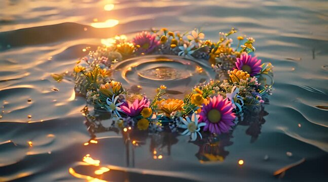 a wreath of flowers floating on top of a body of water