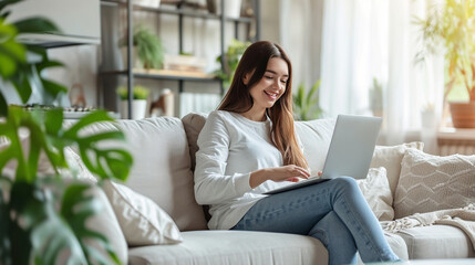 Naklejka premium Office at home girl at laptop. Young woman, using laptop remote working at home office looking at computer communicating by video call.He is sitting on the sofa against a background of plants.