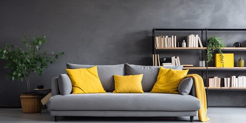 Grey sofa, pillows, and bookshelf in living space.