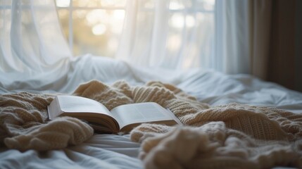 Photograph of an open book on a bed, soft morning light filtering through sheer curtains. Fluffy pillows and a warm blanket in the background, - obrazy, fototapety, plakaty