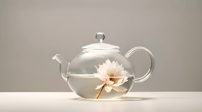 a glass teapot with a white flower inside of it
