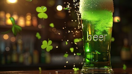 A glass of traditional Irish green beer for St. Patrick's Day stands on the table with text 