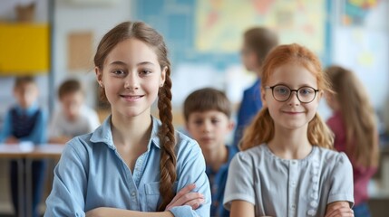 Fototapeta premium Portrait of two diligent girls looking at camera at workplace with schoolboys on background