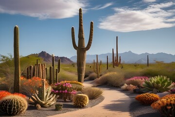 Vibrant_and_mejistic_cactus_and_a_lot_of_desert_plants_in_the_midst_of_a_barren_desert,saguaro_cactus_in_state,a_road_in_the_desert_surrounded_by_variety_of_flowering_and_non_flowering_plants