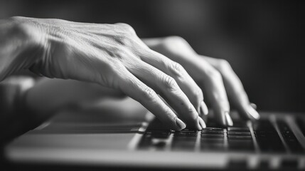 Fototapeta premium Hand of an elderly businessman and the youthful fingers woman, both skillfully operating a laptop.