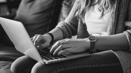 Naklejka premium Hand of an elderly businessman and the youthful fingers woman, both skillfully operating a laptop.