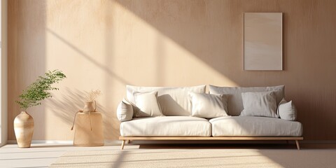 Sunlight and shadows reflect on a neutral wall with an abstract painting. A bright and elegant living room with a comfortable sofa, pillows, and a straw rug.