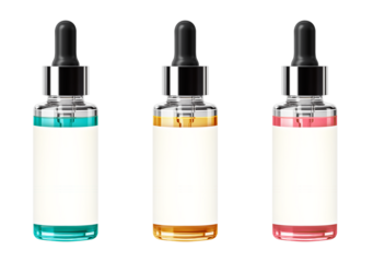 Set of Glass dropper bottle with white label. Serum Cosmetic Flask with Pipette. isolated on white background.