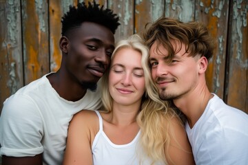 Polyamorous people, Smiling blond Scandinavian man sharing his wife with a black african man  living in a Polyamorous relationship  - obrazy, fototapety, plakaty