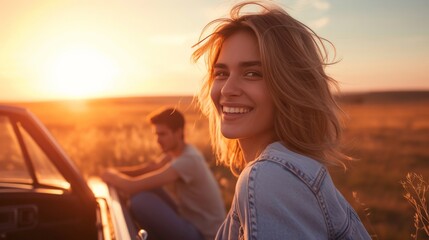 Smiling woman sitting with boyfriend against car during sunset