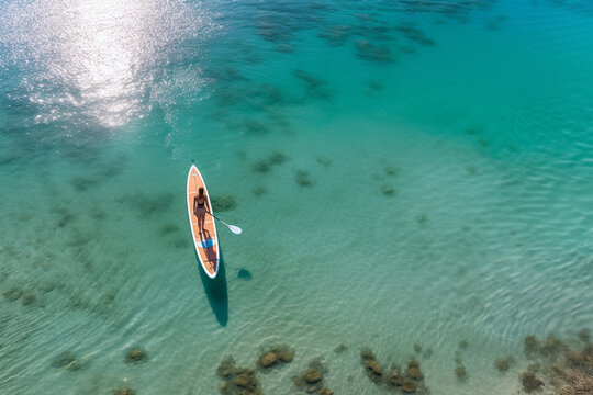 Young woman swimming on SUP board in sea daytime, top view, copy space.