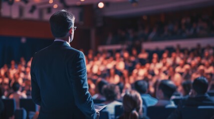 Speaker on the stage with Rear view of Audience in the conference hall or seminar meeting, business and education concept - obrazy, fototapety, plakaty