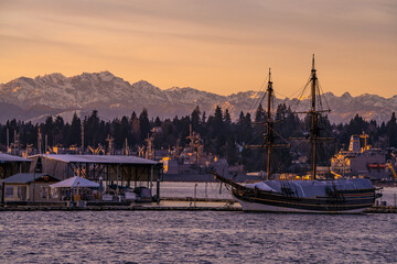 Sunset featuring the Lady Washington docked at the Port Orchard, WA marina 