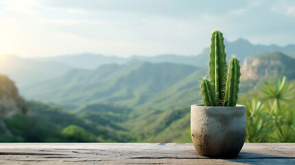 Cactus in a pot on a wooden table with a scenic view. Generative AI illustration 