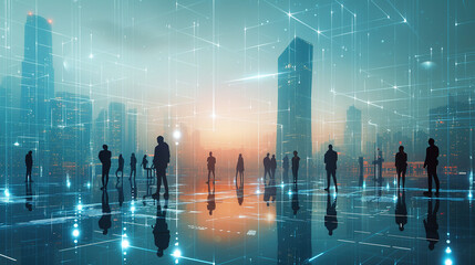 Cityscape with Data Connections and Global Business Networking Structure