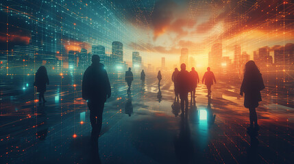 Fototapeta premium Cityscape with Data Connections and Global Business Networking Structure