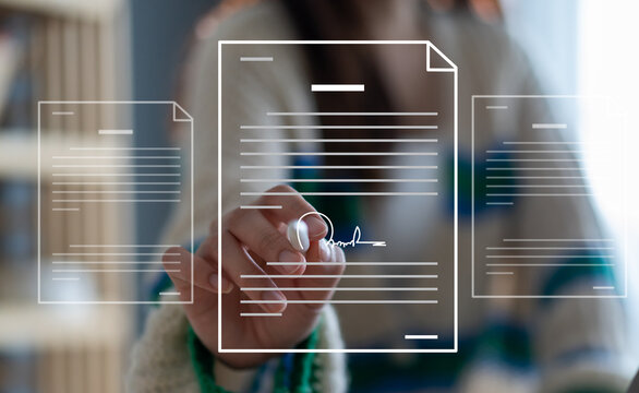 Human signing documents with pen, online business contract electronic signature, technology, e-signing, digital document management, paperless office, signing business contract concept.