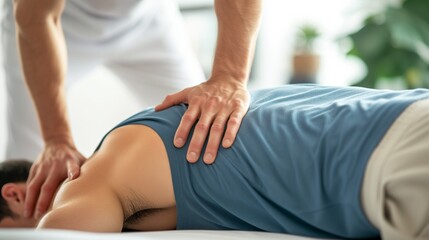 In a clinic setting, a therapist is providing a back sports massage to a male athlete patient - obrazy, fototapety, plakaty