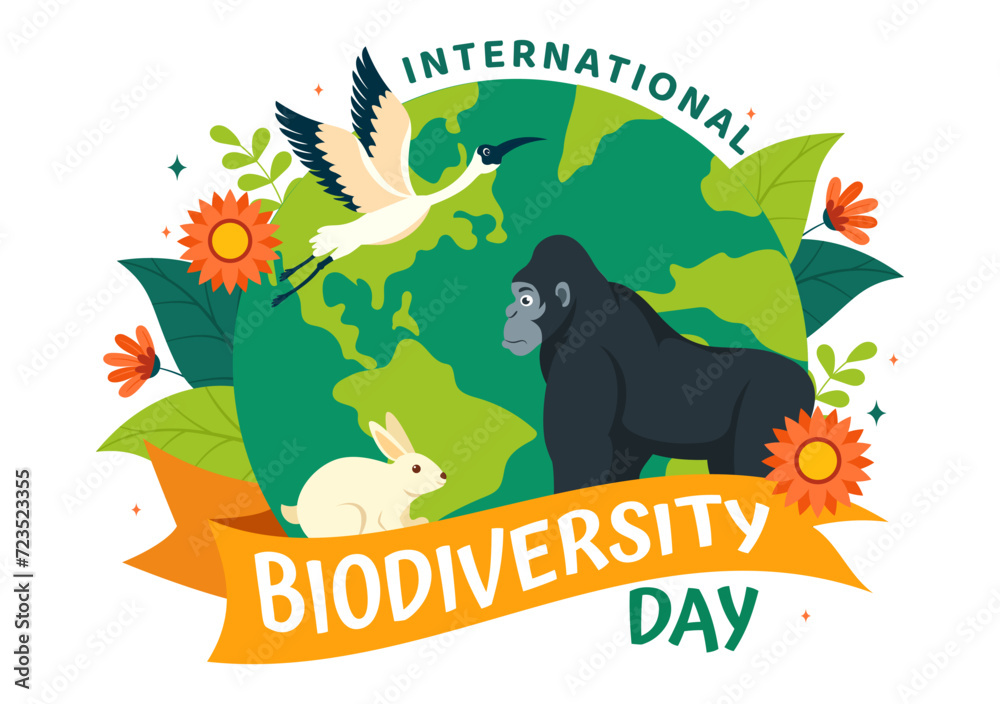 Wall mural world biodiversity day vector illustration with biological diversity, earth and the various animal i