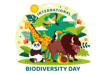 Obraz na płótnie Canvas World Biodiversity Day Vector Illustration with Biological Diversity, Earth and the Various Animal in Nature Flat Cartoon Background