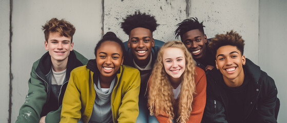 Multiethnic friendship and people concept. Diverse teens hugging and having fun - obrazy, fototapety, plakaty