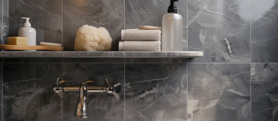 Gray marble-tiled bathroom shower with shelves holding shampoo, conditioner, brush, and sponge.